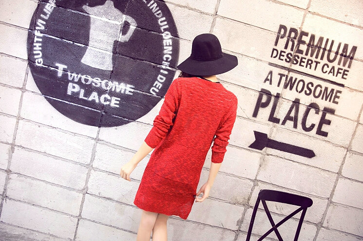 Winter Sweater Girls Pockets Flat Knitted Thin Long Sleeved Cardigan - Red