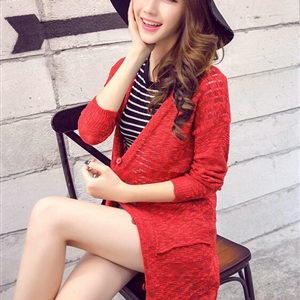 Winter Sweater Girls Pockets Flat Knitted Thin Long Sleeved Cardigan - Red