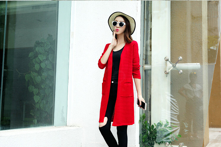 Winter Sweater Open Stitch V-Neck Cardigan Coat Girls Long Sleeved - Red