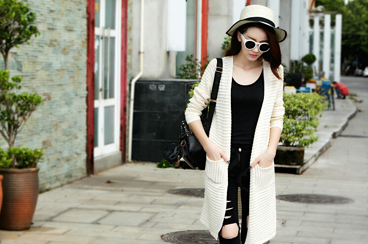 Winter Sweater Open Stitch V-Neck Cardigan Coat Girls Long Sleeved - White