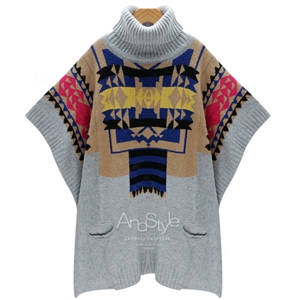 Winter Sweater Patchwork Batwing Half Sleeve Jacquard Turtleneck Knitted Loose Pullover - Grey