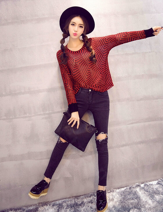 Winter Sweater Thin Women Crocheted Novelty Hollow Sexy Irregular - Red