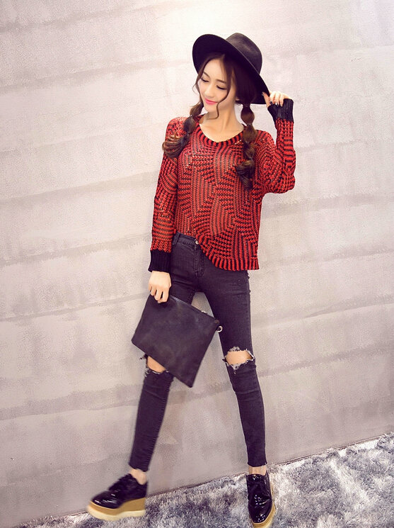 Winter Sweater Thin Women Crocheted Novelty Hollow Sexy Irregular - Red