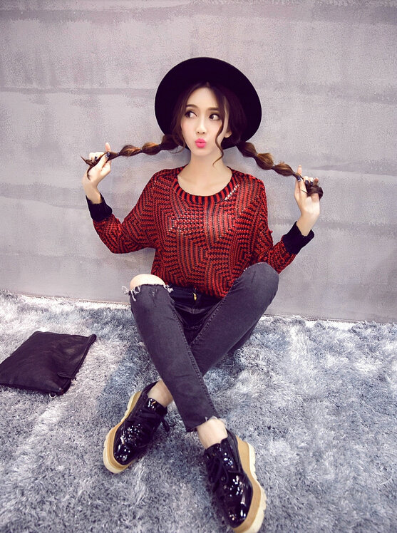 Winter Sweater Thin Women Crocheted Novelty Hollow Sexy Irregular - Red