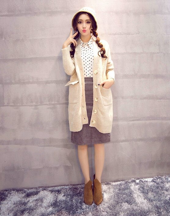 Winter Sweater V Collar Thick Flat Knitted Female Warm - White