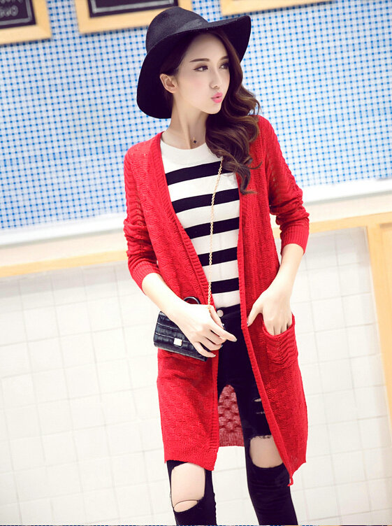 Winter Sweater Women Cardigan Crocheted Making Solid Hollow - Red