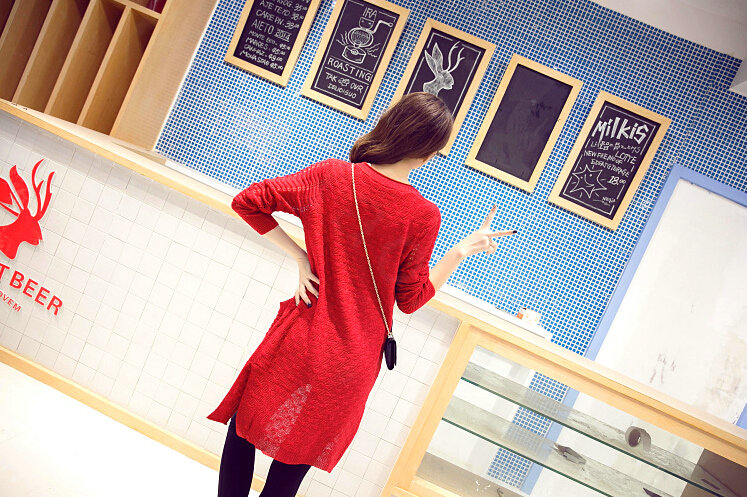 Winter Sweater Women Cardigan Crocheted Making Solid Hollow - Red