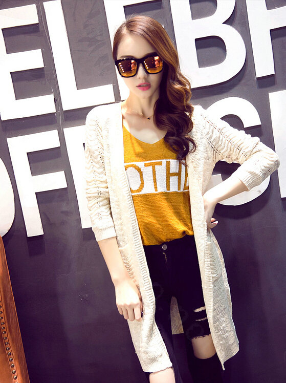 Winter Sweater Women Cardigan Crocheted Making Solid Hollow - White