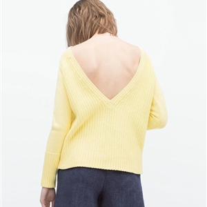 Winter Sweater Women Casual Deep V Collar Backless Simple Casual - Yellow