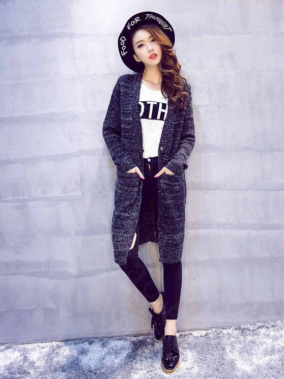 Winter Sweater Women Fashion Loose Cardigan Coat Thick Warm V Collar - Black