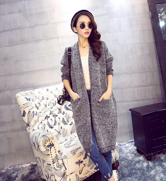 Winter Sweater Women Long Paragraph Knee Loose Knit Cardigan Split Long Sleeved - Grey