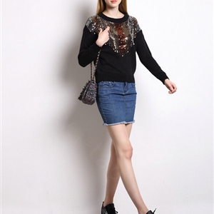 Winter Sweater Women Thick Casual Sequins Beaded Burst Fur Coat - Black