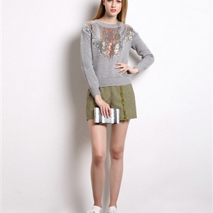 Winter Sweater Women Thick Casual Sequins Beaded Burst Fur Coat - Grey