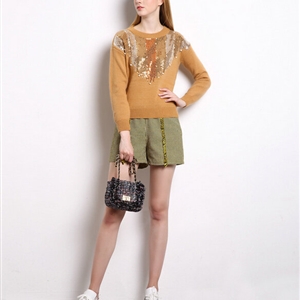 Winter Sweater Women Thick Casual Sequins Beaded Burst Fur Coat - Yellow