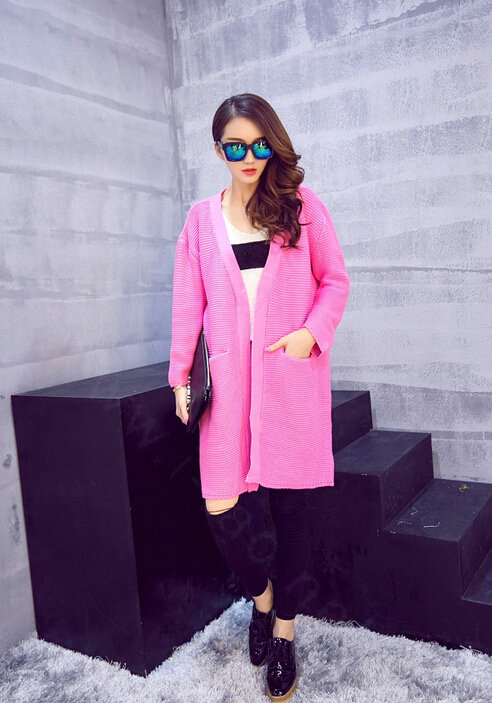 Winter Sweater Wowen Cardigan Solid Coat Thick Loose Sleeved Warm - Pink