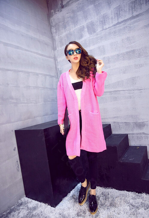 Winter Sweater Wowen Cardigan Solid Coat Thick Loose Sleeved Warm - Pink
