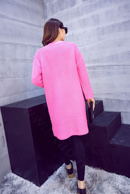 Winter Sweater Wowen Cardigan Solid Coat Thick Loose Sleeved Warm - Pink