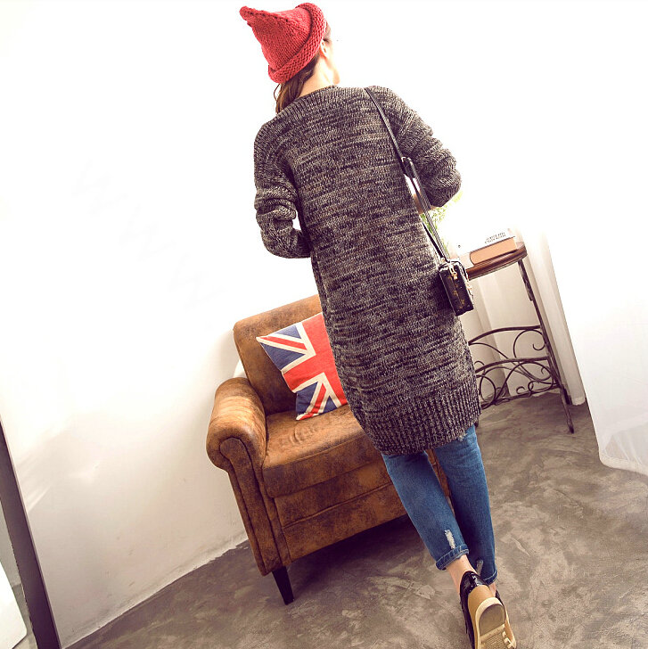 Winter Women Loose Sweater V-Neck Hand Knitted Cardigan Long Sleeved - Black