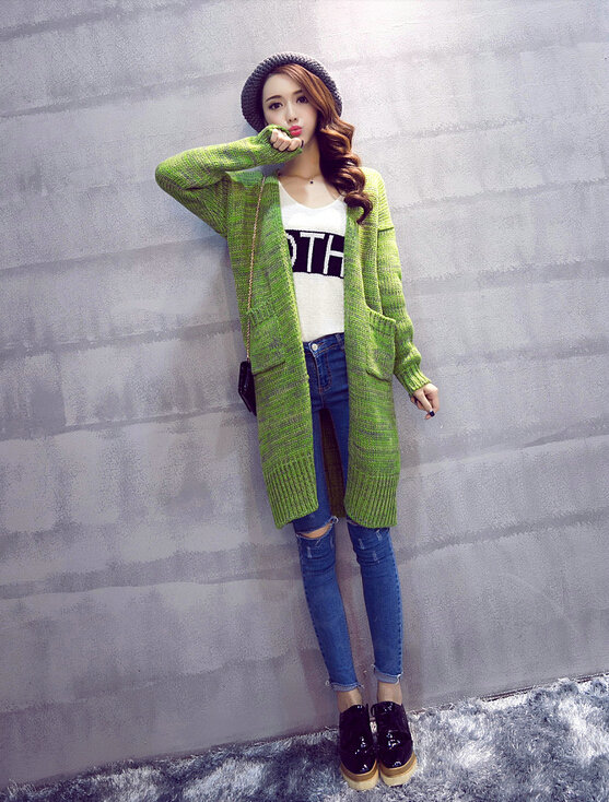 Winter Women Loose Sweater V-Neck Hand Knitted Cardigan Long Sleeved - Green