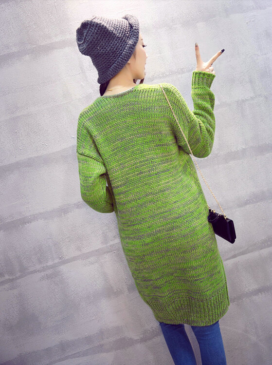 Winter Women Loose Sweater V-Neck Hand Knitted Cardigan Long Sleeved - Green