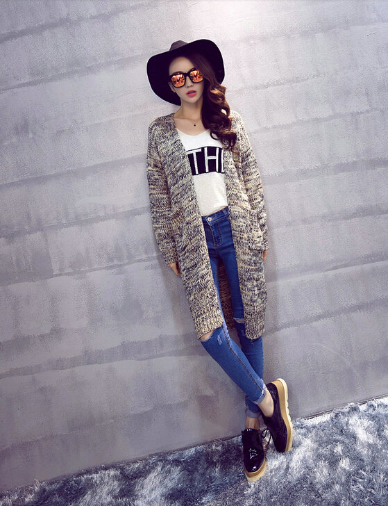 Winter Women Loose Sweater V-Neck Hand Knitted Cardigan Long Sleeved - Grey