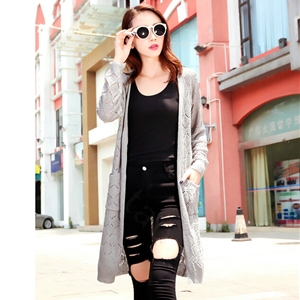 Winter Women Sweater V-Neck Cardigan Solid Coat Dress Long - Grey