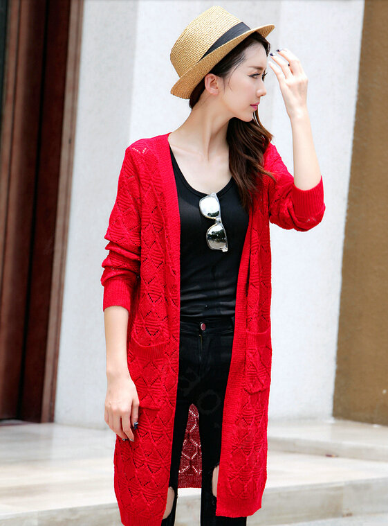 Winter Women Sweater V-Neck Cardigan Solid Coat Dress Long - Red