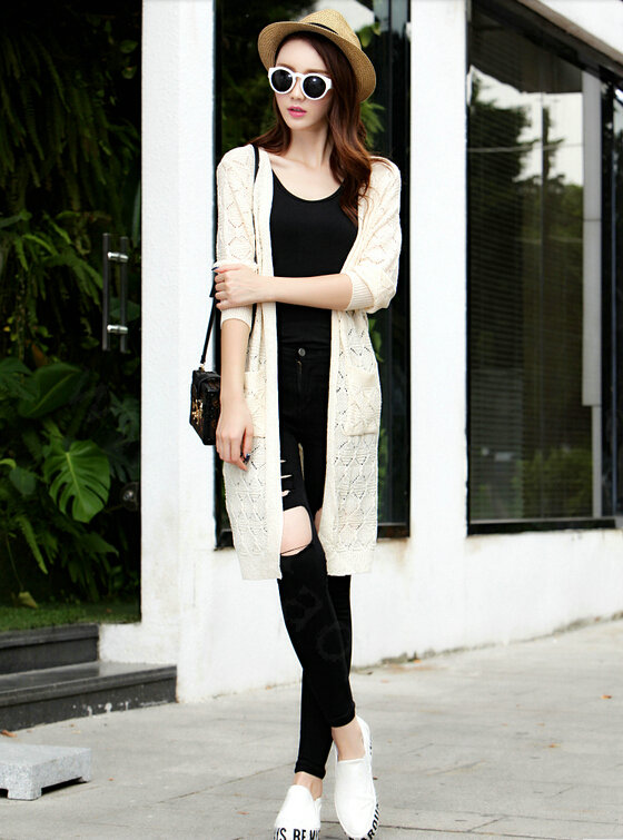 Winter Women Sweater V-Neck Cardigan Solid Coat Dress Long - White