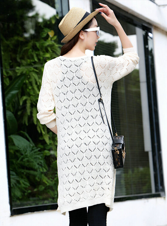 Winter Women Sweater V-Neck Cardigan Solid Coat Dress Long - White