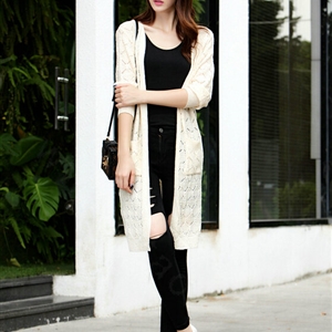 Winter Women Sweater V-Neck Cardigan Solid Coat Dress Long - White