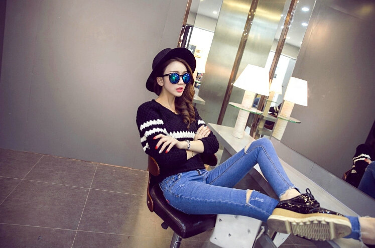 Women Fashion Sweater Sleeve Short Slim Solid O-Neck Thick - Black