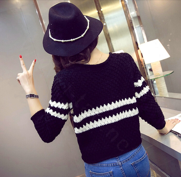 Women Fashion Sweater Sleeve Short Slim Solid O-Neck Thick - Black