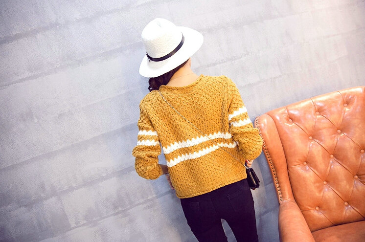 Women Fashion Sweater Sleeve Short Slim Solid O-Neck Thick - Khaki