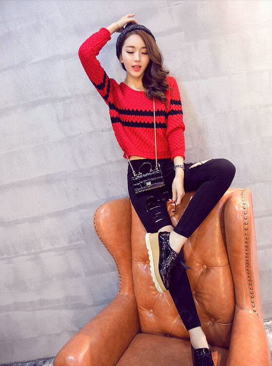 Women Fashion Sweater Sleeve Short Slim Solid O-Neck Thick - Red