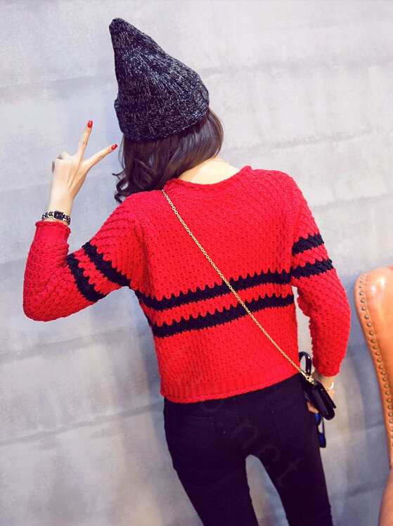 Women Fashion Sweater Sleeve Short Slim Solid O-Neck Thick - Red