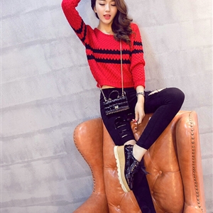 Women Fashion Sweater Sleeve Short Slim Solid O-Neck Thick - Red