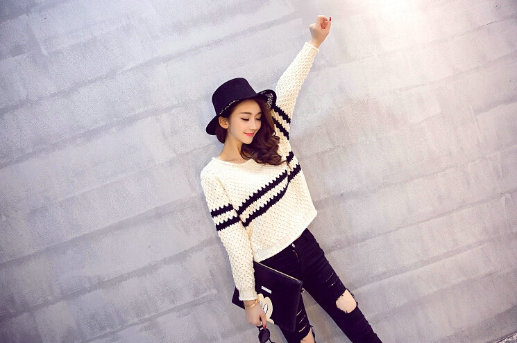Women Fashion Sweater Sleeve Short Slim Solid O-Neck Thick - White