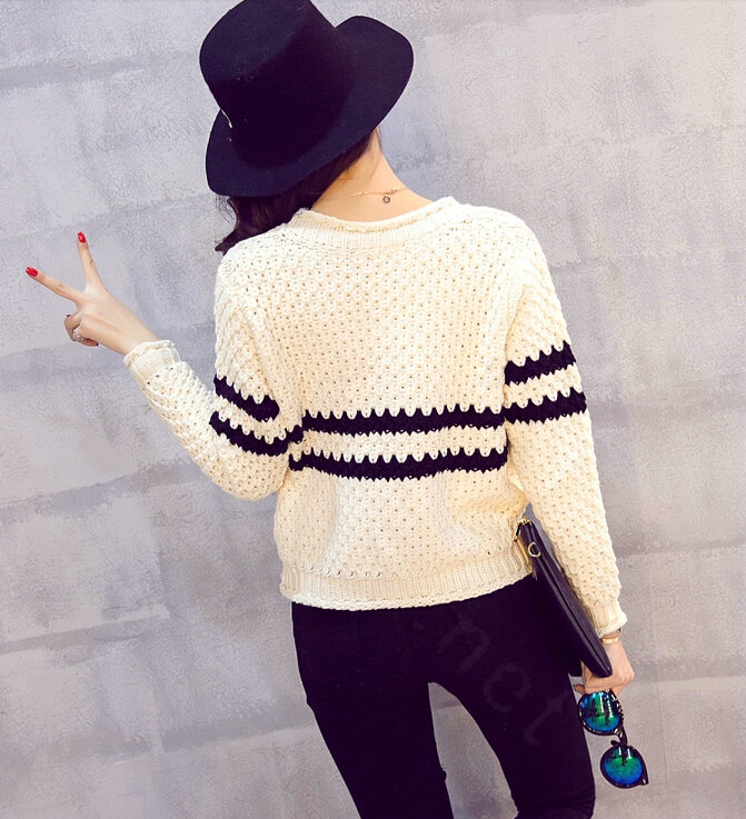 Women Fashion Sweater Sleeve Short Slim Solid O-Neck Thick - White
