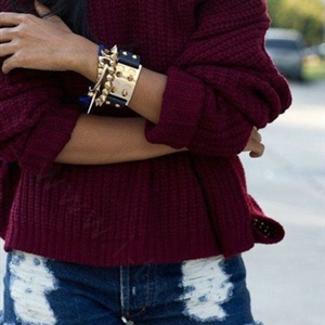 Women Sweater Knit Long Sleeved Solid O-Neck - Red Wine