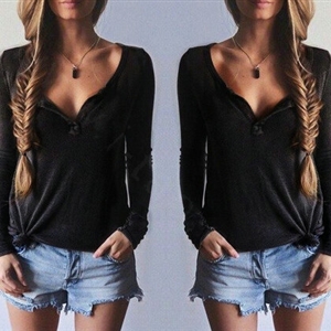 Women Sweater V Collar Long Sleeved Shirt Solid Cotton - Black