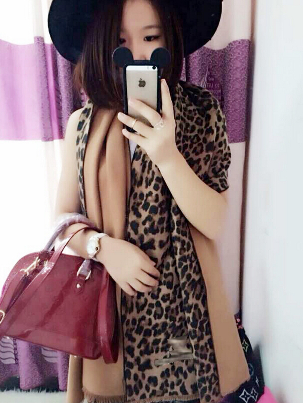 Classic Leopard Print Scarf Shawls Women Winter Warm Cashmere Panties 200*70CM - Brown