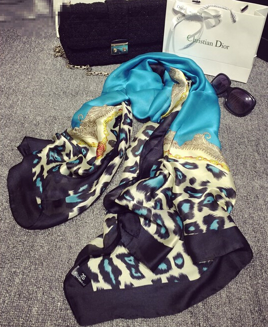 Colorful Leopard Print Scarf Shawls Women Winter Warm Silk Panties 180*100CM - Blue