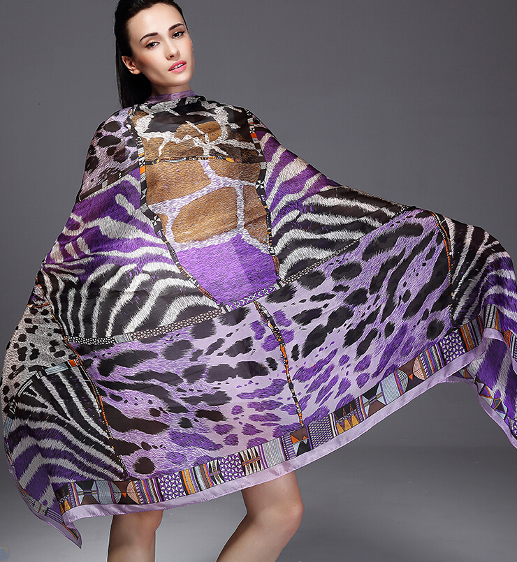 Colorful Leopard Print Scarf Shawls Women Winter Warm Silk Panties 180*110CM - Purple