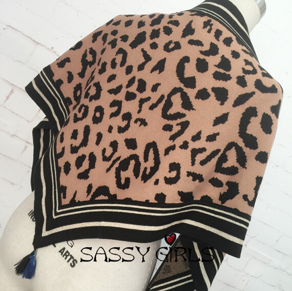 Fashion Fringed Leopard Print Scarf Scarves For Women Winter Warm Wool 146*54CM - Brown