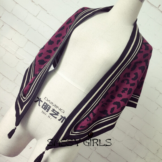 Fashion Fringed Leopard Print Scarf Scarves For Women Winter Warm Wool 146*54CM - Wine Red