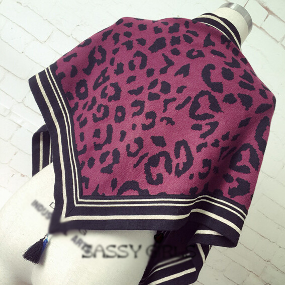 Fashion Fringed Leopard Print Scarf Scarves For Women Winter Warm Wool 146*54CM - Wine Red