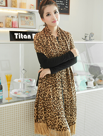 Fashion Fringed Leopard Print Scarf Scarves For Women Winter Warm Wool Panties 220*50CM - Brown