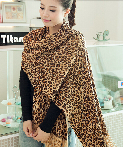 Fashion Fringed Leopard Print Scarf Scarves For Women Winter Warm Wool Panties 220*50CM - Brown