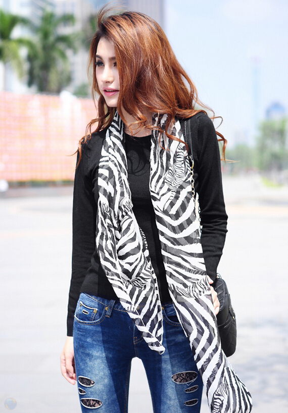 Fashion Zebra Print Scarf Shawls Women Winter Warm Silk Panties 200*135CM - Black