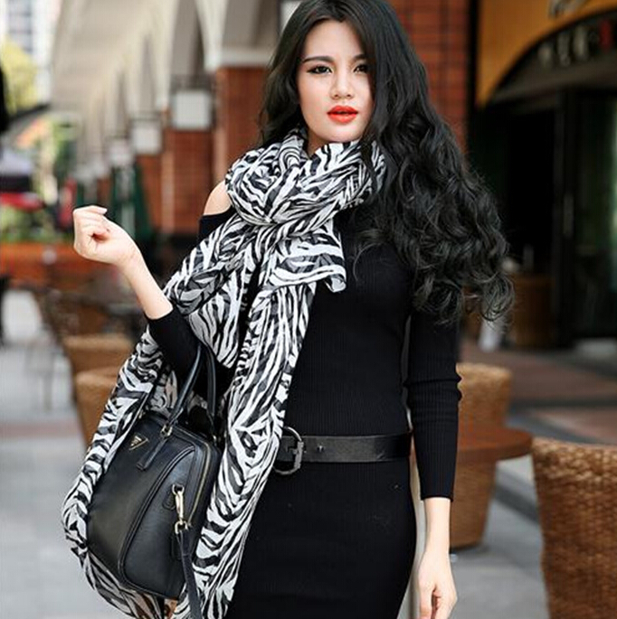Fashion Zebra Print Scarf Shawls Women Winter Warm Silk Panties 200*135CM - Black